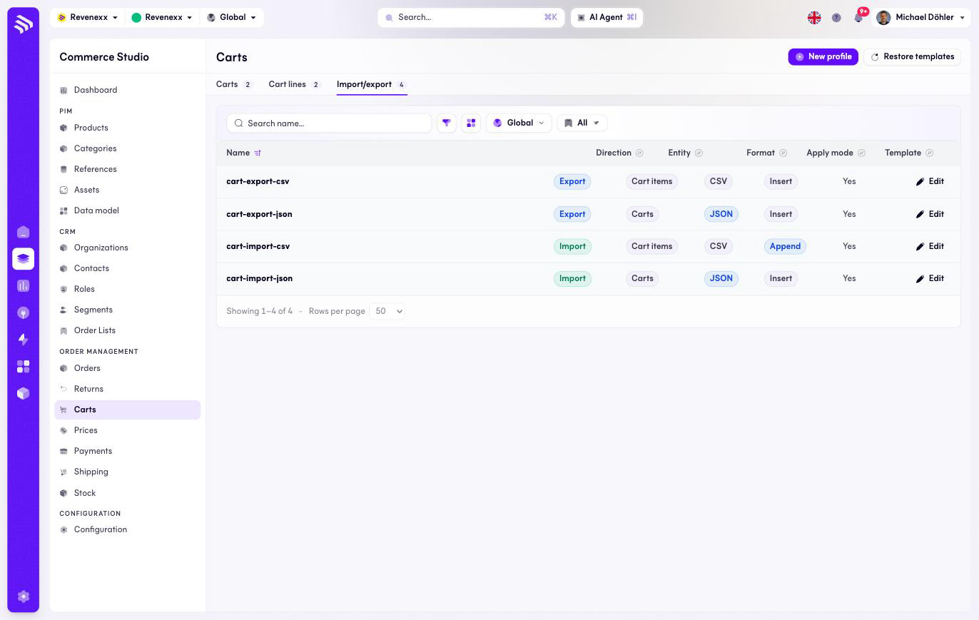 Cart import/export profiles
