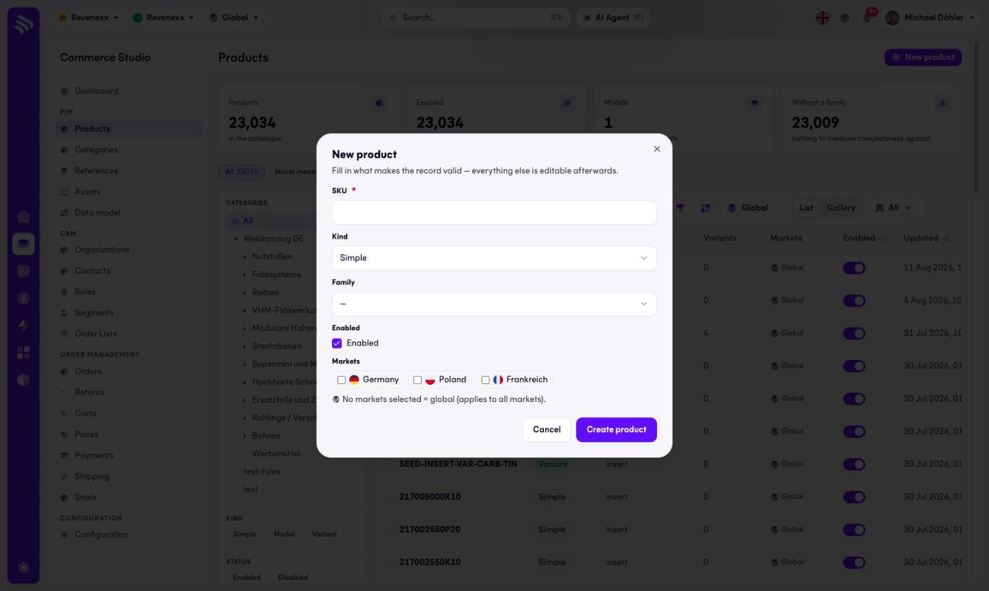 New product dialog