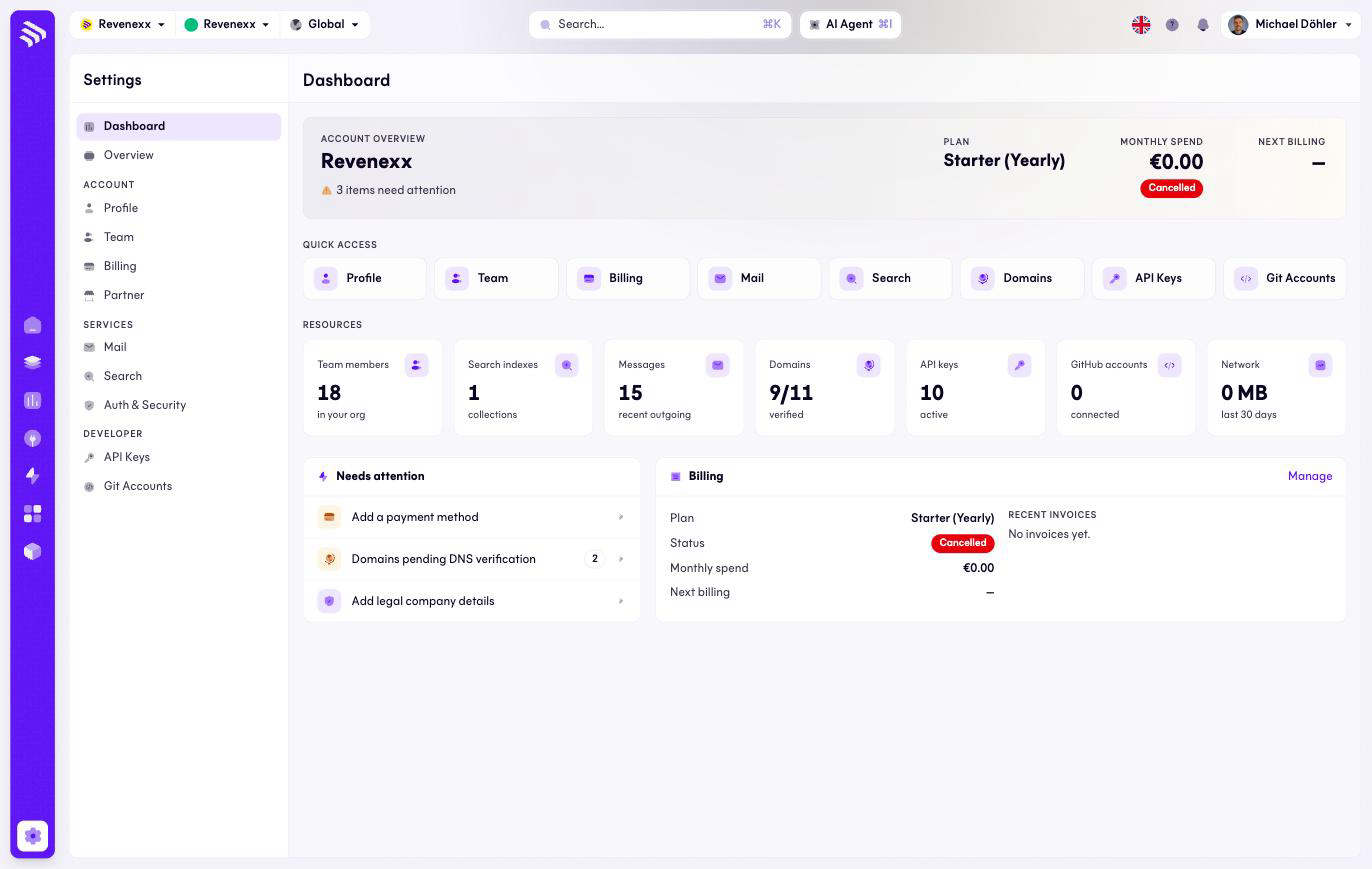 Settings dashboard